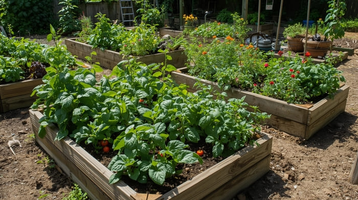 Beneficios de los fertilizantes orgánicos, un huerto en casa exuberante, con camas de cultivo de madera llenas de plantas verdes, tomates rojos maduros, lechugas, hierbas aromáticas y flores que atraen polinizadores.