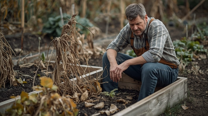 Desventaja de los fertilizantes orgánicos, un agricultor triste por no ver resultados esperados en su huerto