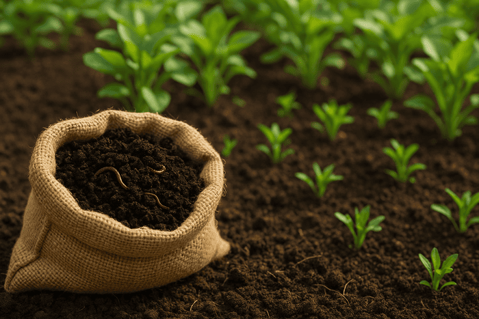 Saco de compost orgánico con lombrices sobre tierra fértil en un huerto casero con plantas verdes creciendo saludables