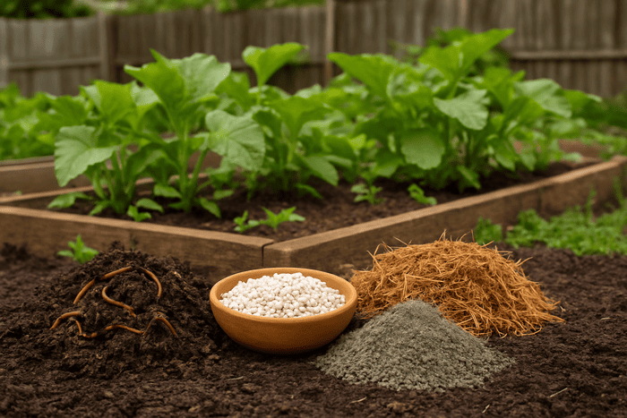 Diferentes tipos de fertilizantes orgánicos: líquidos, sólidos, de origen animal y vegetal