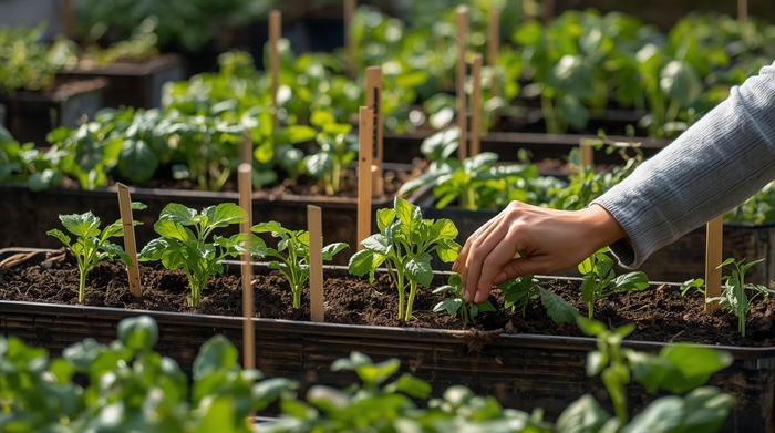 Vista cenital de un huerto urbano con verduras cultivadas en camas elevadas.